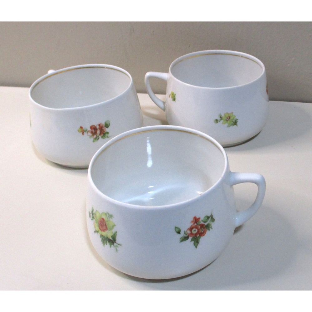 Vintage Soviet Verbilki Porcelain Teacups Set of 3 Floral Gold Rim USSR Russian